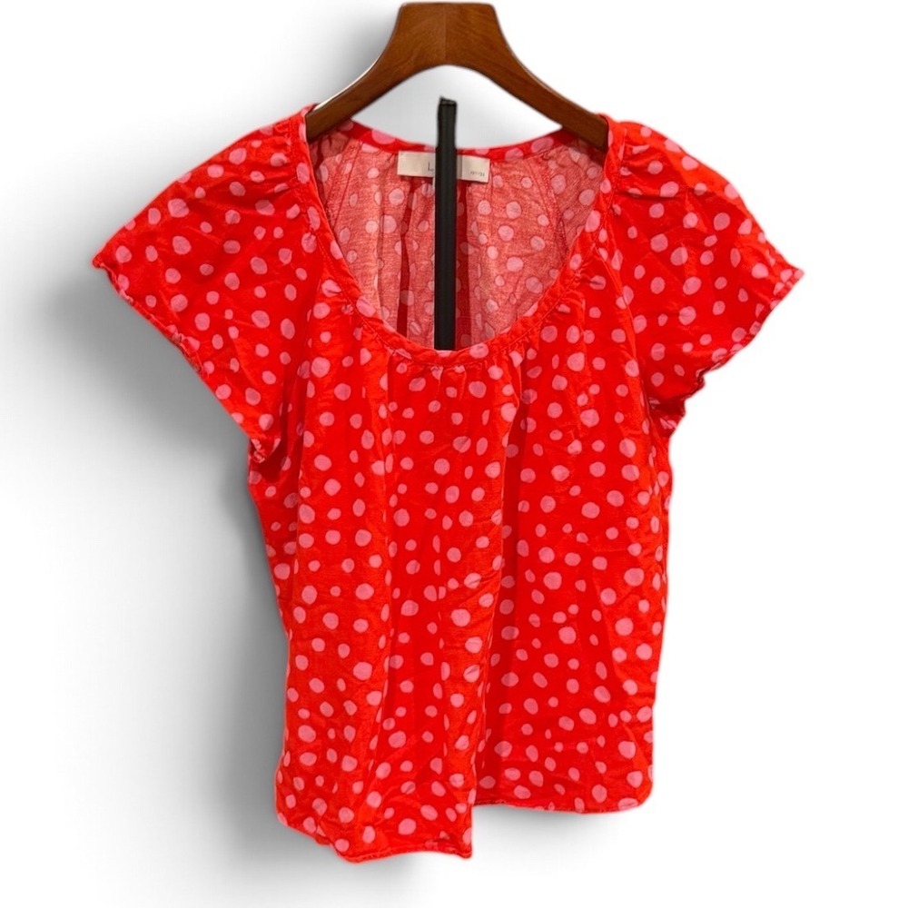 LOFT Petite Red Pink Polka Dot Flutter Sleeve Scoop Neck Blouse Top MP whimsy